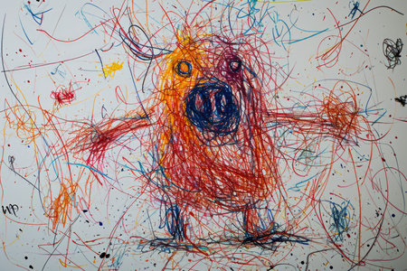 The hand drawing colourful picture of the pig that has been drawn by the colored pencil, crayon or chalk on the white blank background that seem to be drawn by the child that willing to draw. AIGX01.の素材