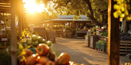 An early morning farmers market scene, bustling with vendors and customers, fresh produce on display, capturing the essence of local commerce and community. Resplendent.の素材
