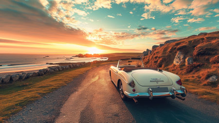 A vintage car parked on a winding coastal road overlooking the ocean, with a stunning sunset in the background creating a nostalgic scene. Resplendent.の素材