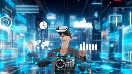 Woman reporter explaining dynamic market data calculated analysis pointing big data business by VR...