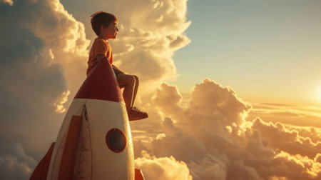 The side view of the picture that has the child flying into the bright sky with the flying object that has been called the rocket yet the size of a rocket so small but it size same with child. AIGX03.の素材