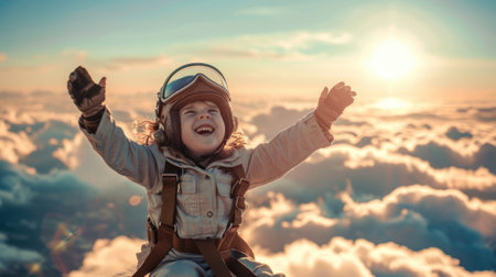 The side view of the picture that has the child flying into the bright sky with the aviator costume and the pair of goggles under the bright light of the bright sun with the happy smile face. AIGX03.の素材