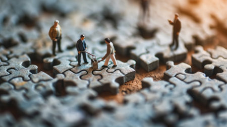 The miniature varies group of employed people that standing still on the uncompleted jigsaw board trying to work together to find the solution for the problem that they talking to each other. AIGX03.の素材