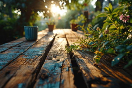 The picture of the wood table in the middle of the forest that surrounded with an uncountable amount of tree and plant in the forest with a bright light from the brightest sun of the daytime. AIGX03.の素材