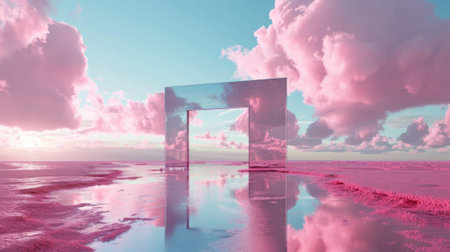 A metallic pink square portal in the middle of the clear river that connected to the ocean that surrounded with a pile of the pink sand and pink desert under the cloudy sky in the sunny day. AIGX03.の素材