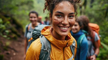 A happy woman wearing backpack and water on her face, smiling with cool water drops on her nose, eyebrows, eyelashes, and jaw, enjoying her travel adventure with stylish eyewear. AIG41の素材