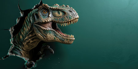 Close up view picture of the hollow green hole on the the wall that show the t.rex stay inside the wall that has been made from some material yet still can be break to look through other side. AIGX03.の素材