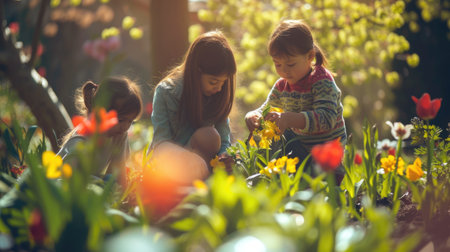 A boy and a girl happily picking flowers in a natural environment, sharing a joyful moment amidst the plant-filled garden. AIG41の素材