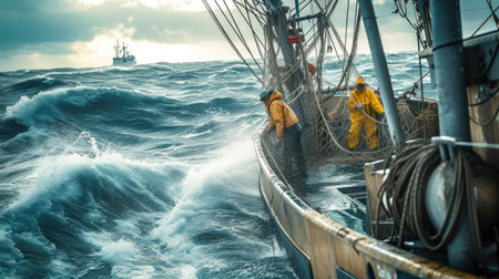 A rugged fishing boat cuts through turbulent ocean waves under a dramatic overcast sky, showcasing the resilience of maritime workers. AIG41の素材