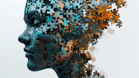 The adult female human head look at side view in the contemplation that has been created from the scattered and uncompleted colourful jigsaw puzzles by gather them in form of the woman head. AIGX03.の素材