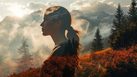 The picture of the young or adult female human doing the standing pose for relaxation or meditating the mind in the middle of the nature under bright sun in the daytime of a dawn or dusk day. AIGX03.の素材