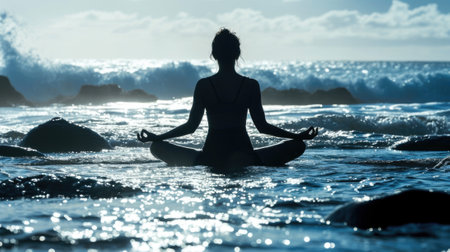 The picture of the young or adult female human doing the yoga pose for relaxation or meditating the mind in the middle of the nature under the bright sun in the daytime of a dawn or dusk day. AIGX03.の素材