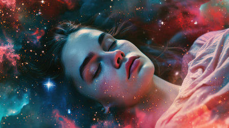 The close up picture of the caucasian female human that laying down for sleeping on the sea of the galaxy space that act like pillow that look fluffy and soft at the bright sky of a universe. AIGX03.の素材