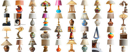 Big collection set of lamp in various styles retro vantage and modern bedside nightstand lighting different table lamp for interior decoration furniture element, isolated on transparent backgroundの素材