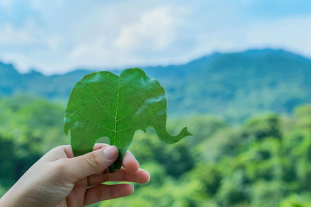 nature art of leaf carved into animal shape showing concept of sustainability and environmental conservation. aigx04の素材