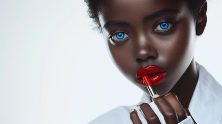 The picture of the red lips young beautiful african woman looking at the camera while holding the red lipstick near the mouth while wearing white shirt with white background for advertisement. AIGX01.の素材