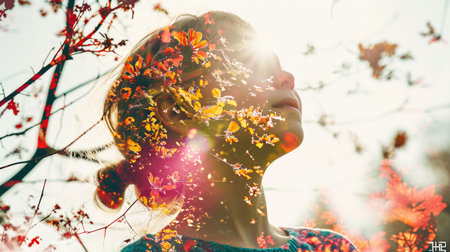 The closeup double exposure between the caucasian young girl and the beautiful vividly nature that the picture, it stands for the peaceful of the life or relaxation with the beautiful nature. AIGX01.の素材