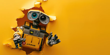 Close up view picture of the hollow yellow hole on the the wall that show the robot stay inside the wall that has been made from some material yet still can break to look through other side. AIGX03.の素材