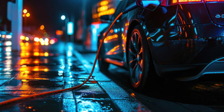 A picture about the electric vehicle that has been charging at the charging station and has been connected with the charger that has been connecting to the electric vehicle to become new tech. AIGX01.の素材