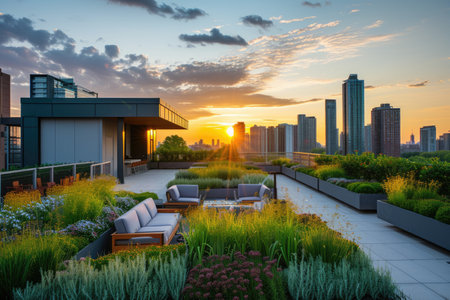Luxurious rooftop garden terrace offers a peaceful retreat with modern outdoor furniture overlooking a stunning urban skyline during a warm sunset. Resplendent.の素材