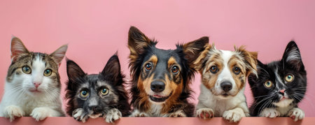 The picture of front view and close up of the multiple group of the various cat and dog in front of the bright pink background that look back to the camera with the curious and interest face. AIGX03.の素材