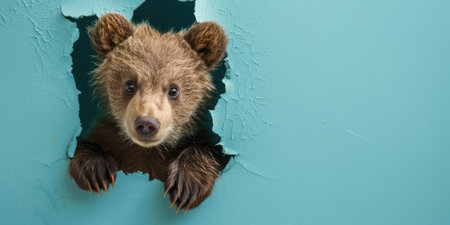 Close up view picture of the hollow blue hole on the the wall that show the bear stay inside the wall that has been made from some material yet still can be break to look through other side. AIGX03.の素材