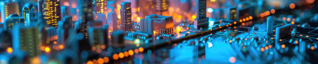 A conceptual visualization of a smart city with glowing structures on a digital circuit board, symbolizing urban technology integration concept. AIG41の素材