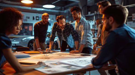 A group of people sharing a fun leisure event, sitting around a table, looking at a model car. AIG41の素材