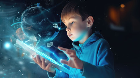 A young child is immersed in learning, exploring a virtual globe with an interactive display that illuminates the wonders of the world. AIG41の素材