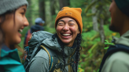 A joyful group of individuals wearing hats, hiking through the serene woods, smiling, and enjoying the natural landscape. AIG41の素材