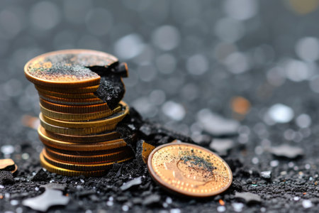 Economic downturn, debt crisis and market crash concept shown by shattering coins AIG41の素材