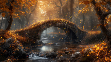 An enchanted forest in autumn, filled with golden leaves in autumn. Resplendent.の素材