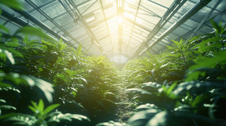 The sunlight filters through the windows of a greenhouse, illuminating a lush garden filled with thriving terrestrial plants. AIG41の素材