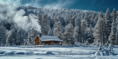A quaint wooden cabin with smoke rising from the chimney nestles in a snow-blanketed forest, creating a scene of winter tranquility. Resplendent.の素材