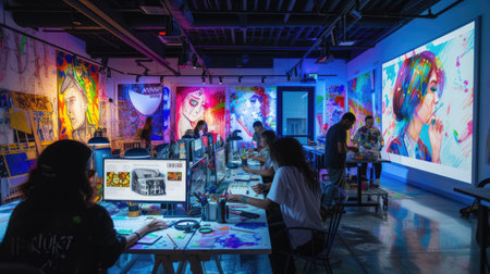 A man is using a computer in an office building, surrounded by tables, paintings, and art in a magenta-themed room. AIG41の素材