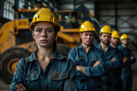 group portrait of construction workers with background of excavation machinery aigx04の素材