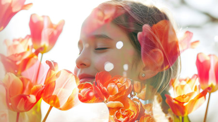 The closeup double exposure between the caucasian young girl and the beautiful vividly nature that the picture, it stands for the peaceful of the life or relaxation with the beautiful nature. AIGX01.の素材