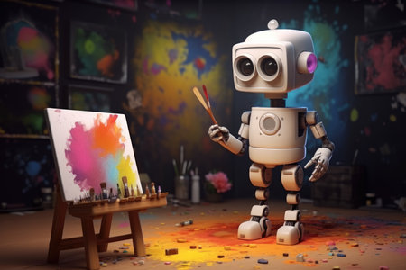 Concept of generative AI art technology, robot painting picture in studio. comelinessの素材