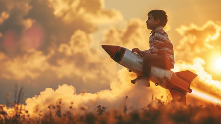 The side view of the picture that has the child flying into the bright sky with the flying object that has been called the rocket yet the size of a rocket so small but it size same with child. AIGX03.の素材