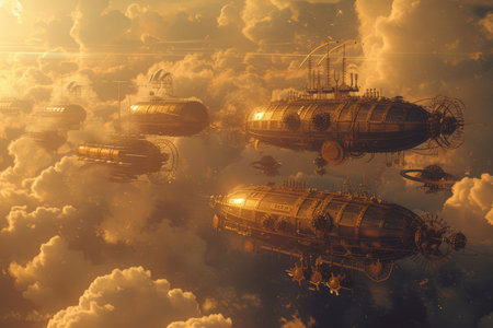 Fantasy steampunk airships float amongst clouds against a dramatic sunset backdrop, evoking adventure and exploration. Resplendent.の素材