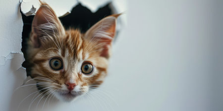 Close up view picture of the hollow white hole on the the wall that show the cat stay inside the wall that has been made from some material yet still can be break to look through other side. AIGX03.の素材