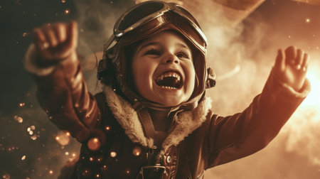 The side view of the picture that has the child flying into the bright sky with the aviator costume and the pair of goggles under the bright light of the bright sun with the happy smile face. AIGX03.の素材