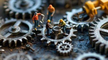 The miniature varies group of employed people that standing still on the uncompleted cogwheels trying to work together to find the solution for varies problems that they talking to each other. AIGX03.の素材