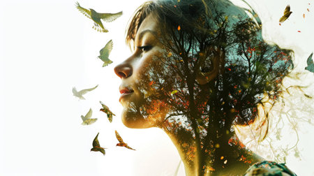 The closeup double exposure picture between young adult beautiful female caucasian human and bright beautiful nature in the morning or evening that the picture stand for peaceful of the life. AIGX01.の素材