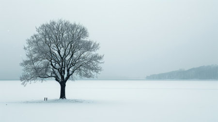 The picture of the single tree that has been covered with white snow in the middle of the empty snow land in the winter season and light from the sun can make everything bright clear on land. AIGX03.の素材
