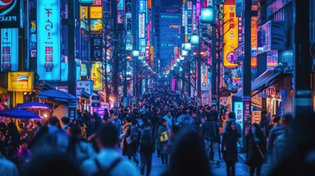 This image presents a stunning night-time cityscape bathed in neon lights, with reflections on streets creating a futuristic atmosphere. Resplendent.の素材