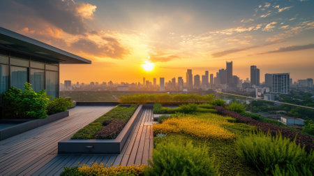 Warm sunset illuminates a sustainable rooftop garden with a vibrant city skyline in the background. Resplendent.の素材