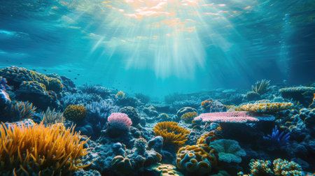An underwater coral reef scene, diverse marine life, vivid colors, showcasing the beauty and diversity of ocean life. Underwater photography, coral reef ecosystem, diverse marine life,. Resplendent.の素材