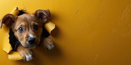 Close up view picture of the hollow yellow hole on the the wall that show the dog stay inside the wall that has been made from some material yet still can break to look through the other side. AIGX03.の素材