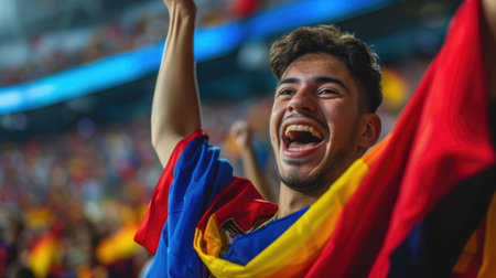 A happy man in a red shirt, with arms raised in the air, is celebrating, sporting a smile on his face. AIG41の素材